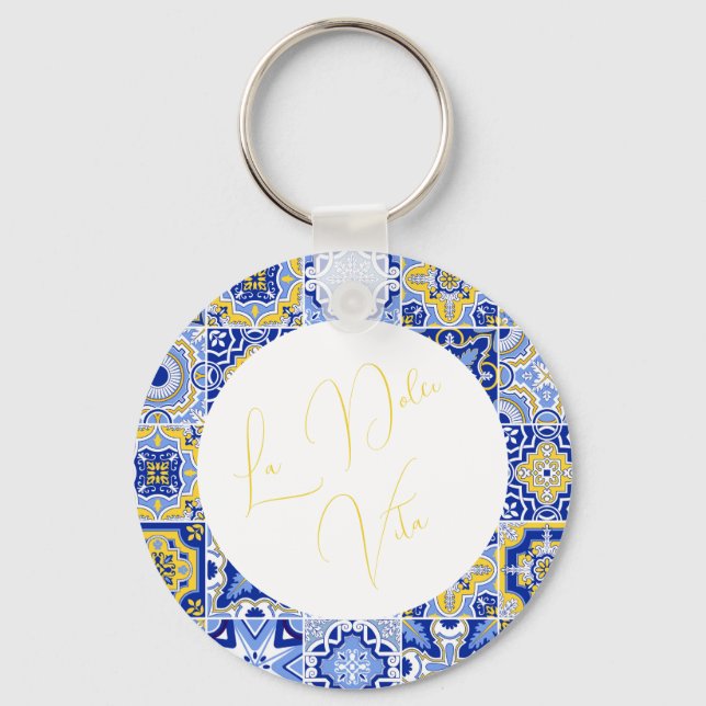 Blue Mediterranean Tile & Citrus Wedding Key Ring (Front)