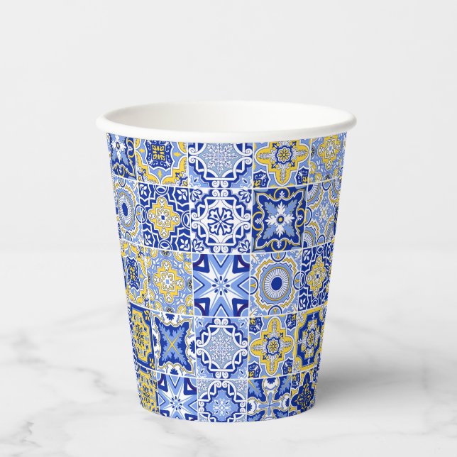 Blue Mediterranean Tile & Citrus Wedding paper cup (Front)