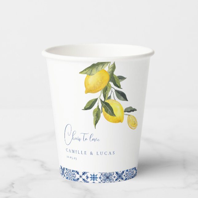 Blue Mediterranean Tile & Citrus Wedding paper cup (Front)