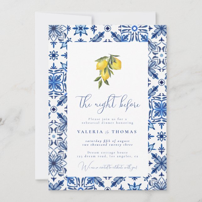 Blue Mediterranean Tile & Citrus Wedding Rehearsal Invitation (Front)