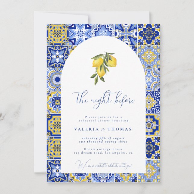 Blue Mediterranean Tile & Citrus Wedding Rehearsal Invitation (Front)