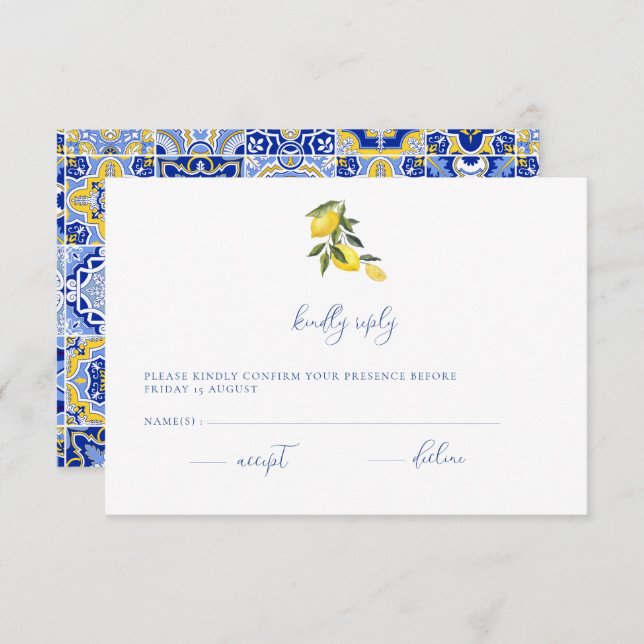 Blue Mediterranean Tile & Citrus Wedding RSVP card (Front/Back)
