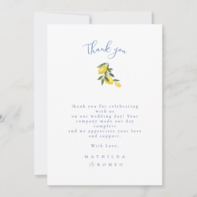 Blue Mediterranean Tile & Citrus Wedding Thank You Invitation (Front)
