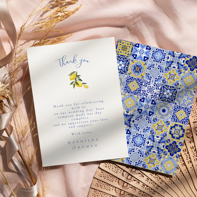 Blue Mediterranean Tile & Citrus Wedding Thank You Invitation (Creator Uploaded)