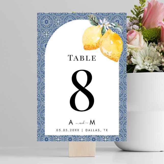 Blue Mediterranean Tile Italian Lemons Wedding Table Number (Creator Uploaded)