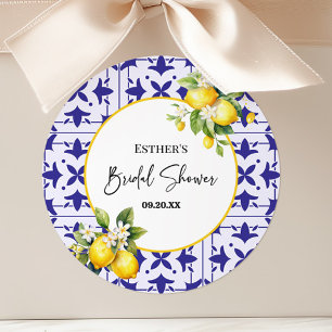 Blue Mediterranean Tile Lemon Bridal Shower  Classic Round Sticker