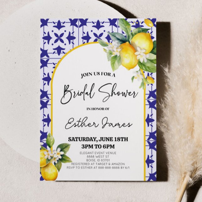 Blue Mediterranean Tile Lemon Bridal Shower Invitation (Creator Uploaded)
