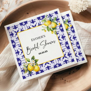 Blue Mediterranean Tile Lemon Bridal Shower Napkin