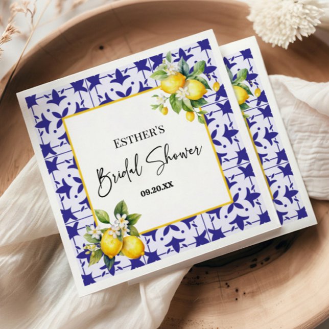 Blue Mediterranean Tile Lemon Bridal Shower  Napkin (Creator Uploaded)