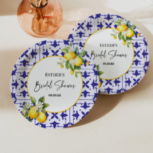 Blue Mediterranean Tile Lemon Bridal Shower  Paper Plate