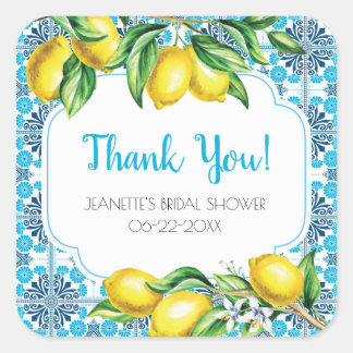 Blue Mediterranean Tile Lemon Bridal Thank You Square Sticker