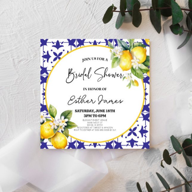 Blue Mediterranean Tile Lemon Floral Bridal Shower Invitation (Creator Uploaded)