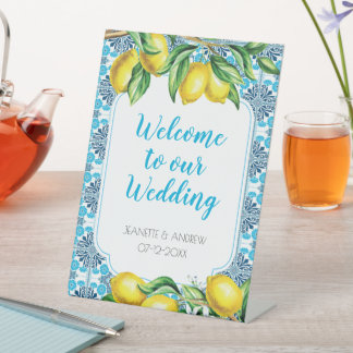 Blue Mediterranean Tile Lemon Special Occasion Pedestal Sign