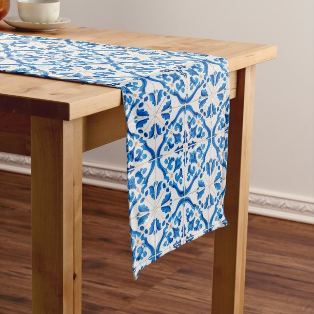 Blue Mediterranean Tile Pattern – Elegant Azulejo Long Table Runner (In Situ)