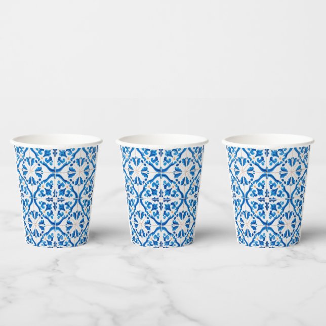 Blue Mediterranean Tile Pattern – Elegant Azulejo  Paper Cups (Multi)