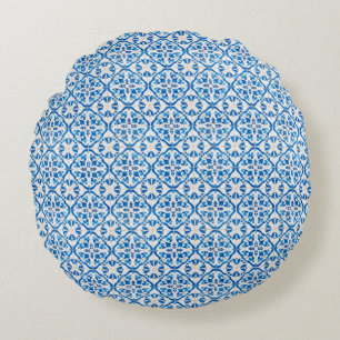 Blue Mediterranean Tile Pattern – Elegant Azulejo Round Cushion