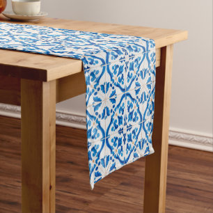 Blue Mediterranean Tile Pattern – Elegant Azulejo Short Table Runner