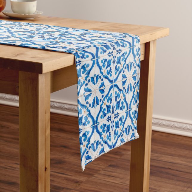Blue Mediterranean Tile Pattern – Elegant Azulejo  Short Table Runner (In Situ)