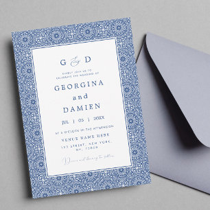Blue Mediterranean Tile & Photo Elegant Wedding Invitation