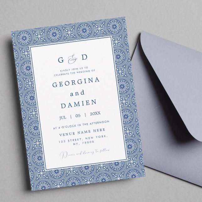 Blue Mediterranean Tile & Photo Elegant Wedding Invitation (Creator Uploaded)