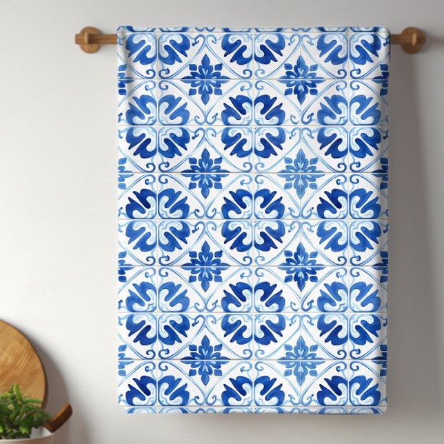 Blue Mediterranean Tile Tea Towel (Pretty blue and white Mediterranean tile kitchen towel. )