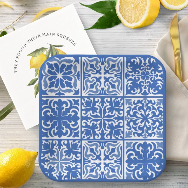 Blue Mediterranean Tile Wedding or Bridal Shower Paper Plate (Creator Uploaded)