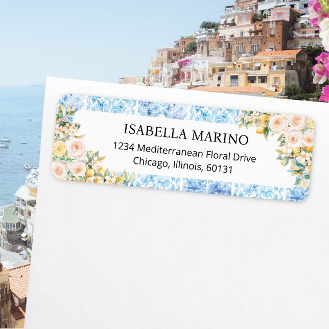 Blue Mediterranean Tiles Floral Return Address (Creator Uploaded)