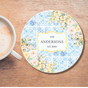 Blue Mediterranean Tiles Flower Lemon Family Name Coaster