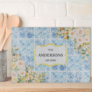 Blue Mediterranean Tiles Flower Lemon Family Name Cutting Board