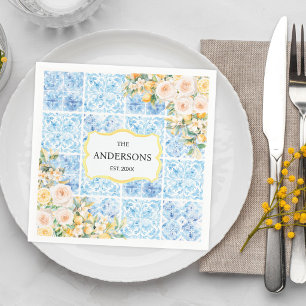 Blue Mediterranean Tiles Flower Lemon Family Name Napkin