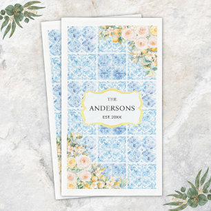 Blue Mediterranean Tiles Flower Lemon Family Name Napkin