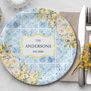 Blue Mediterranean Tiles Flower Lemon Family Name Paper Plate