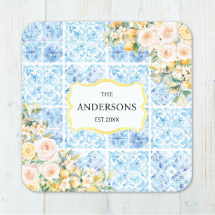 Blue Mediterranean Tiles Flower Lemon Family Name Square Paper Coaster