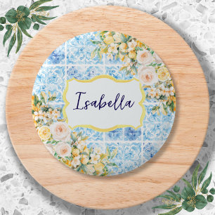 Blue Mediterranean Tiles Flower Lemon Personalised 6 Cm Round Badge