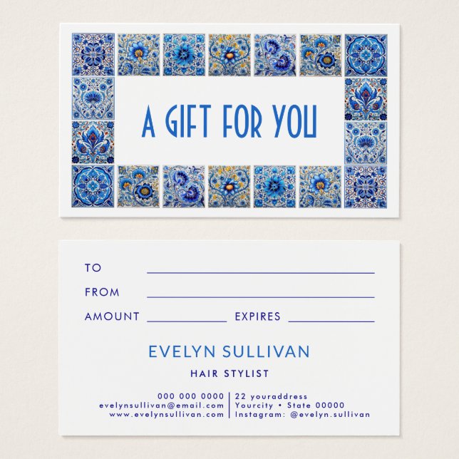 Blue mediterranean tiles frame gift card (Front & Back)