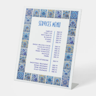 Blue Mediterranean Tiles Frame Services Menu Pedestal Sign