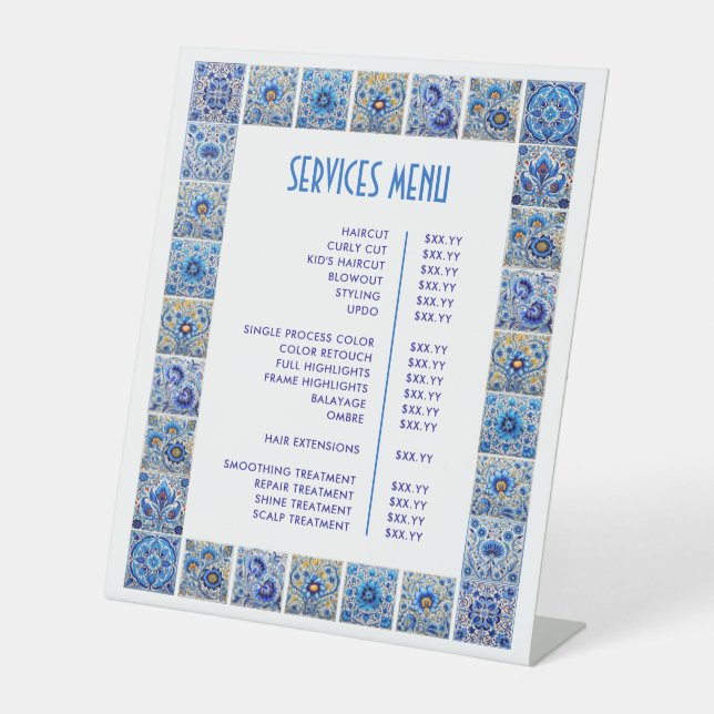 Blue Mediterranean Tiles Frame Services Menu Pedestal Sign (Front)