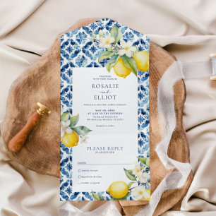 Blue Mediterranean Tiles Italian Lemon Wedding All In One Invitation