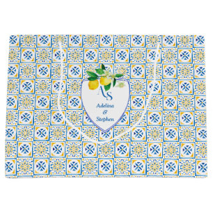 Blue Mediterranean Tiles Italy Crest Lemon Wedding Large Gift Bag