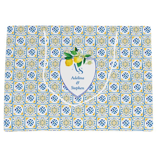 Blue Mediterranean Tiles Italy Crest Lemon Wedding Large Gift Bag (Front)