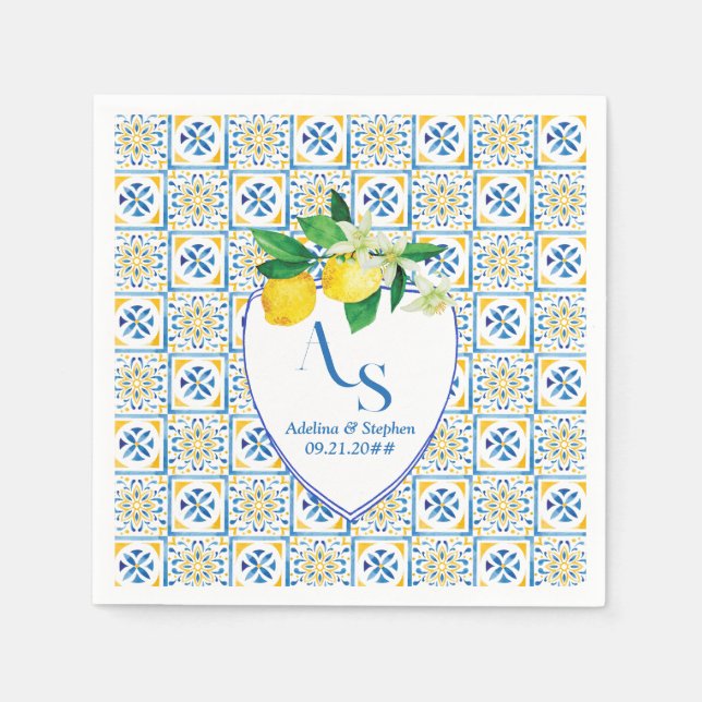 Blue Mediterranean Tiles Italy Crest Lemon Wedding Napkin (Front)