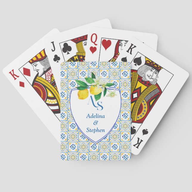 Blue Mediterranean Tiles Italy Crest Lemon Wedding Playing Cards (Back)