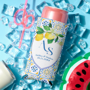 Blue Mediterranean Tiles Italy Crest Lemon Wedding Seltzer Can Cooler