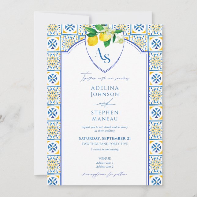 Blue Mediterranean Tiles Lemon All In One Wedding Invitation (Front)