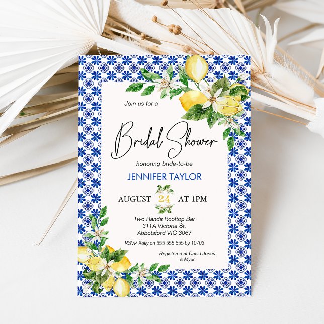 Blue Mediterranean Tiles Lemon Bridal Shower Invitation (Lemon and Mediterranean tile themed bridal shower invitation featuring blue and white tile, lemons.)