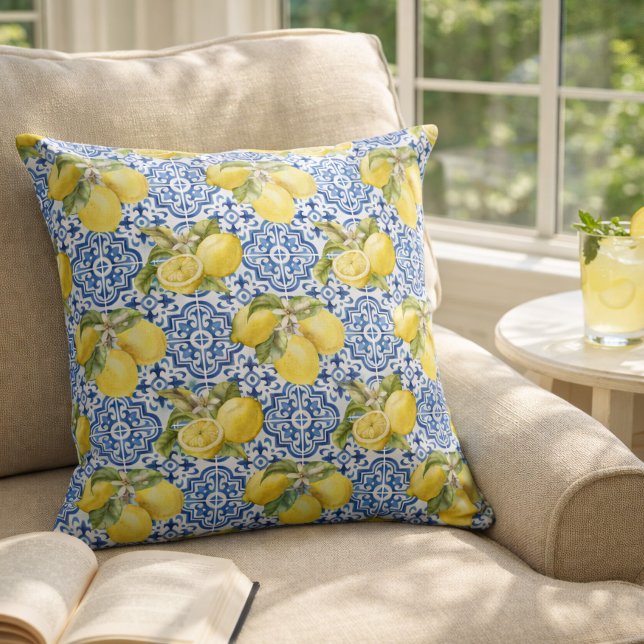 Blue Mediterranean Tiles Lemon Pattern Cushion (Creator Uploaded)