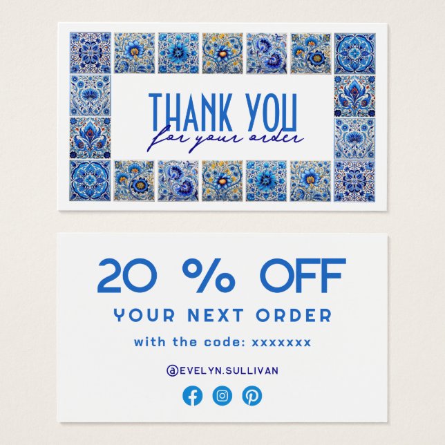 Blue mediterranean tiles thank you discount card (Front & Back)