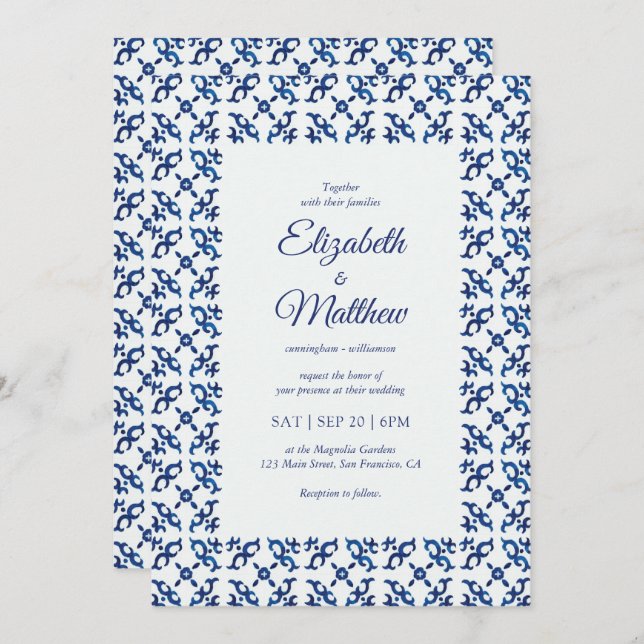 Blue Mediterranean Tiles Wedding Invitation (Front/Back)