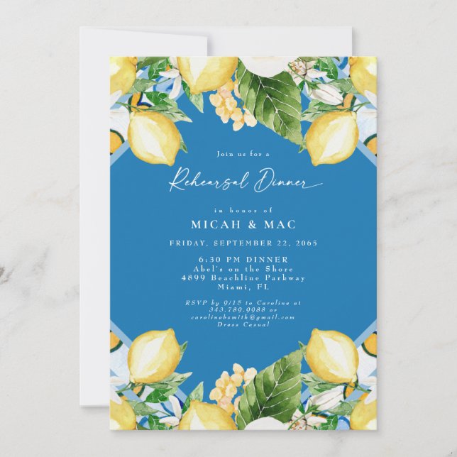 Blue Mediterranean Tropical Rehearsal Dinner Invitation (Front)