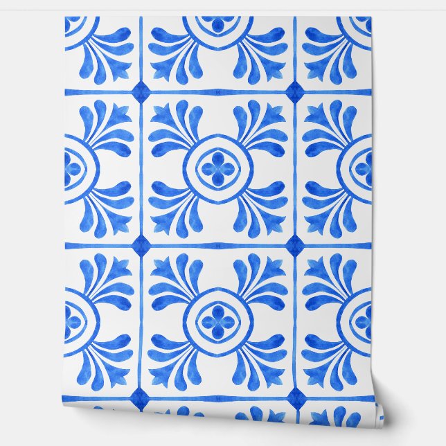 Blue Mediterranean watercolor tile pattern  Wallpaper (Unrolling)